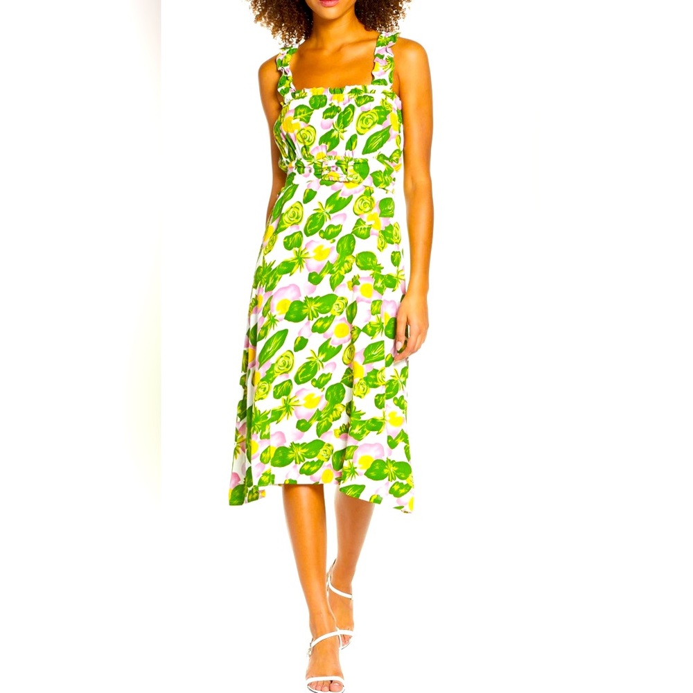 Faithfull the Brand Green Floral Square-Neck Midi Dress